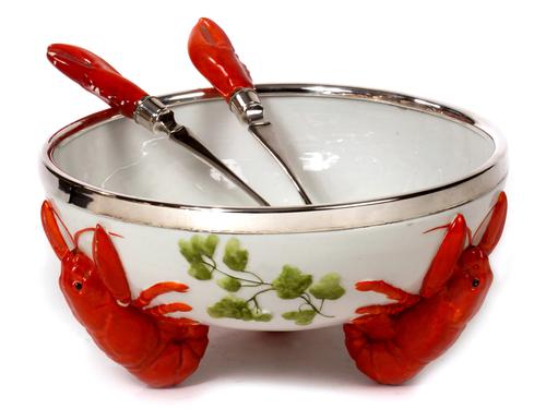 Lobster Bowl with Silver Plate Rim & Pair of Servers c.1920 (1 of 1)