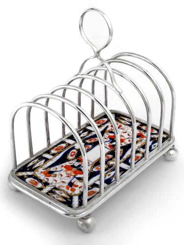 Victorian Silver Plate Toast Rack with an Imari Style Davenport Porcelain Base (1 of 1)