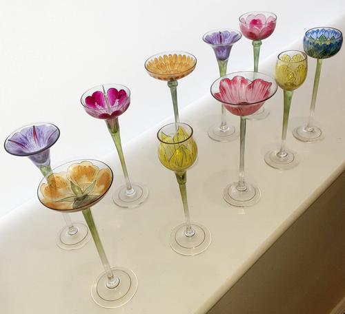 10 Fritz Heckert 'Flower Form' Enamelled Liqueur Glasses (1 of 12) 10 Fritz Heckert 'Flower Form' Enamelled Liqueur Glasses (1 of 12)