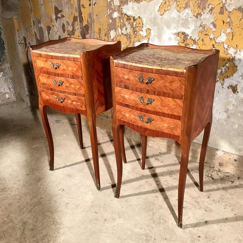 Pair of French Marquetry and Marble Bedside Tables c.1920 (1 of 1)