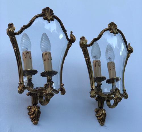 French Gilded Bronze Twin Light Sconces Wall Lights with Curvaceous Glass (1 of 8)