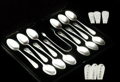 12 Cased Antique Silver Teaspoons & Tongs, London 1892, Wakely & Wheeler (1 of 10) 12 Cased Antique Silver Teaspoons & Tongs, London 1892, Wakely & Wheeler (1 of 10)