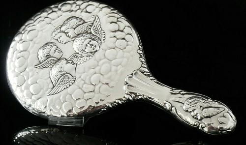 Large Silver Hand Mirror, Reynolds Angels Cherubs, Chester 1923, James Deakin (1 of 12) Large Silver Hand Mirror, Reynolds Angels Cherubs, Chester 1923, James Deakin (1 of 12)