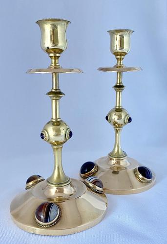 Agate Cabochon & Brass Pugin Influenced Candlesticks c.1870 (1 of 6)