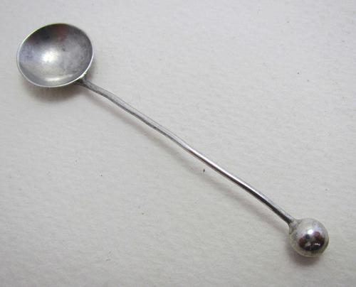 Antique Edwardian Solid Sterling Silver English Hallmarked Small Salt / Mustard Pot / Condiment Spoon. Modernist, Ball Finial 1903 (1 of 1)