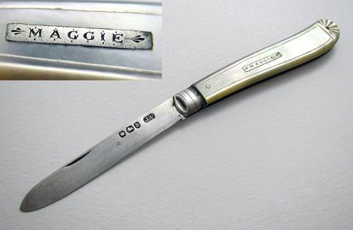 Victorian 'Maggie' Sterling Silver & Mother of Pearl Mop Folding Pocket Fruit Penknife, English Sheffield 1896 (1 of 8) Victorian 'Maggie' Sterling Silver & Mother of Pearl Mop Folding Pocket Fruit Penknife, English Sheffield 1896 (1 of 8)
