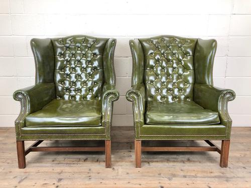 Pair of Green Button Back Chesterfield Wing Back Armchairs (1 of 14)