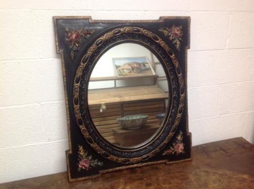 Very Fine Late 19th Century French Oval Wall Mirror Set in Obling Gesso Black Lacquered Frame with Roses to Each Corner (1 of 9)