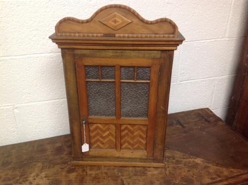 Late 19th Century French Child's Walnut & Cherry Wood Apprentice Piece Armoire / Small Cabinet with Frosted Glass Andy Chevron Inlay (1 of 8)