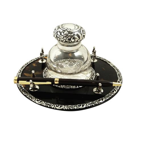 Antique Victorian Sterling Silver & Tortoiseshell Inkwell On Stand (1 of 9)