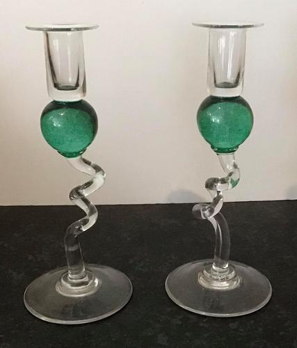 Pair of Vintage Green Glass Candlesticks (1 of 4)