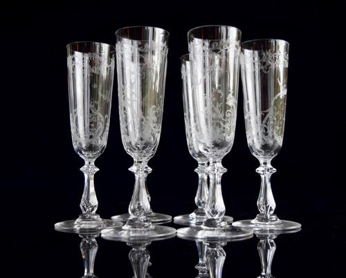 6 Val Saint Lambert Champagne Flutes Bird Motif c.1920 (1 of 1)