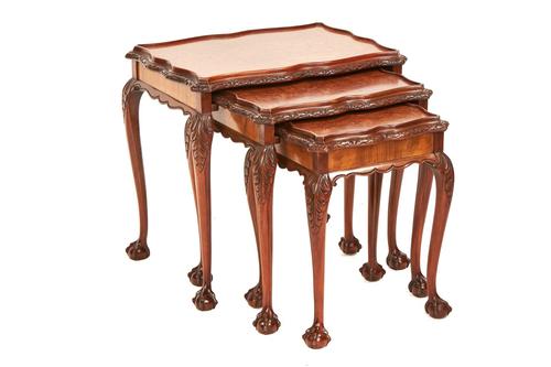 Burr Walnut & Carved Nest 3 Tables circa 1930s (1 of 6) Burr Walnut & Carved Nest 3 Tables circa 1930s (1 of 6)