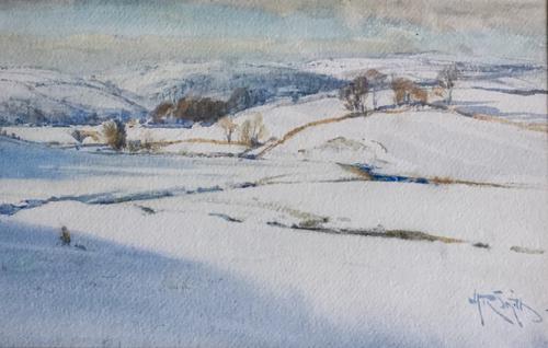 Arthur Reginald Smith Watercolour  ‘ Snowy Winter Landscape in the Yorkshire Dales with a Farmer and his Dog in the Foreground’ (1 of 1)