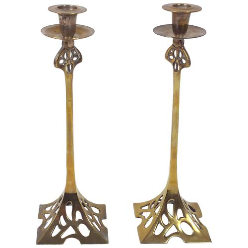 Pair of Art Nouveau 19th Century Brass Candlesticks (1 of 12)