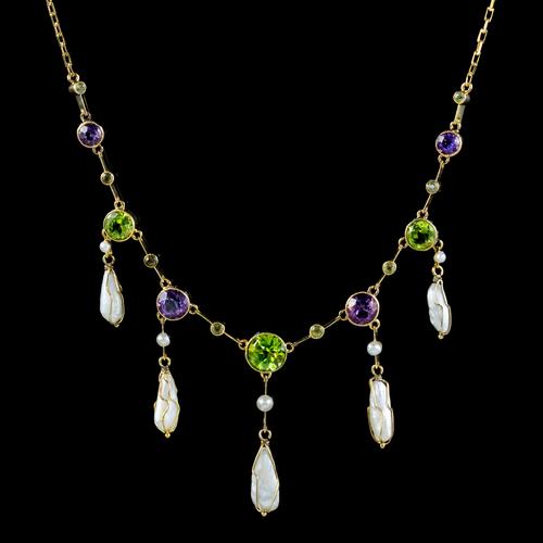 Antique Suffragette Necklace Baroque Pearls Amethyst Peridot 15ct Gold c.1910 (1 of 5) Antique Suffragette Necklace Baroque Pearls Amethyst Peridot 15ct Gold c.1910 (1 of 5)