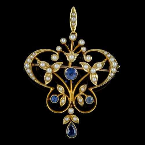 Antique Victorian Art Nouveau Sapphire Pearl Pendant Brooch 15ct Gold c.1900 (1 of 5)