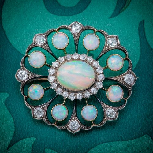 Antique Victorian Opal Diamond Brooch Natural 5.1ct Opals c.1890 (1 of 6)