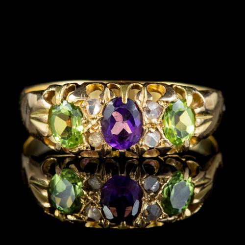 Antique Suffragette Ring Amethyst Peridot Diamond 15ct Gold c.1910 (1 of 5)