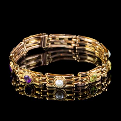 Antique Suffragette Gate Bracelet Peridot Pearl Amethyst 9ct Gold c.1915 (1 of 5)