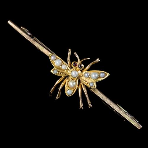 Antique Victorian Pearl Insect Bar Brooch Ruby Eyes 15ct Gold c.1880 (1 of 5)