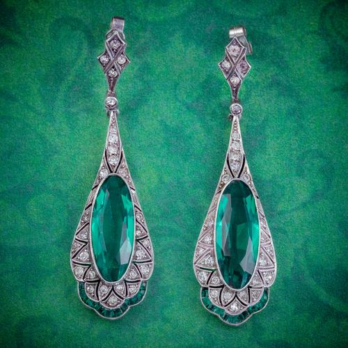 Art Deco Green Paste Drop Earrings Silver c.1920 (1 of 6)