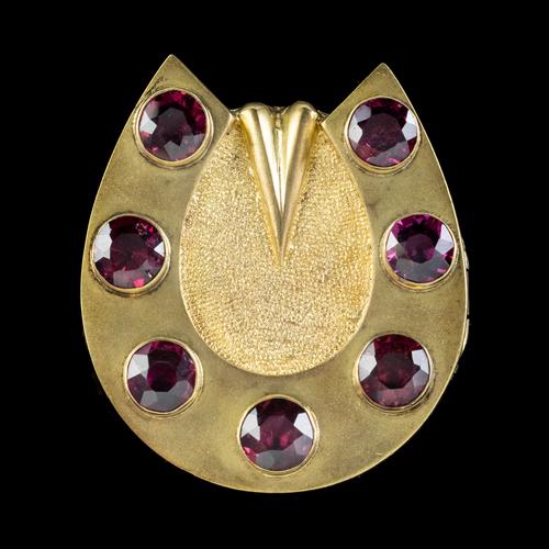 Antique Victorian Garnet Horseshoe Locket Brooch 18ct Gold Gilt 7ct Garnets c.1890 (1 of 5)