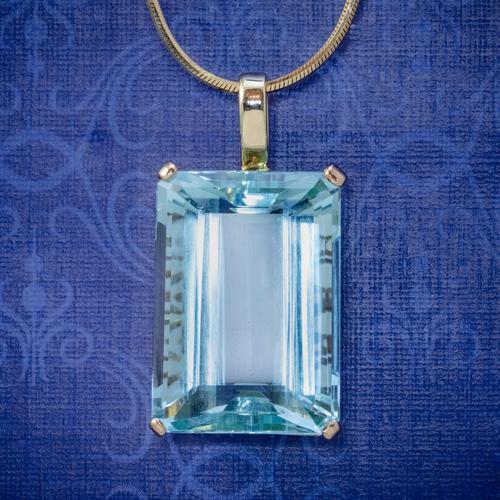 Art Deco Aquamarine Pendant Necklace 30ct Emerald Cut Aqua 14ct Gold (1 of 9)