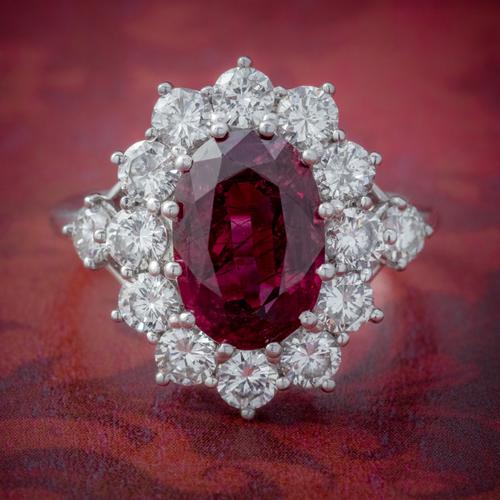 Vintage Ruby Diamond Cluster Ring Natural 3.20ct Ruby 2.50ct Diamonds 18ct White Gold Cert (1 of 8)