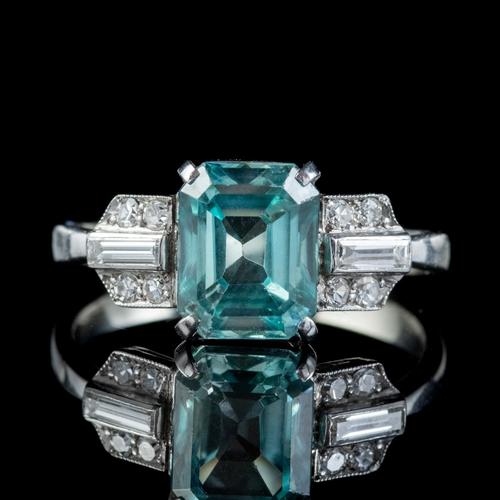 Art Deco Blue Zircon Diamond Ring Platinum 2.80ct Emerald Cut Zircon c.1920 (1 of 5) Art Deco Blue Zircon Diamond Ring Platinum 2.80ct Emerald Cut Zircon c.1920 (1 of 5)