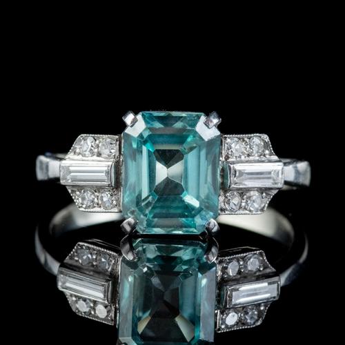 Art Deco Blue Zircon Diamond Ring Platinum 2.80ct Emerald Cut Zircon c.1920 (1 of 5)