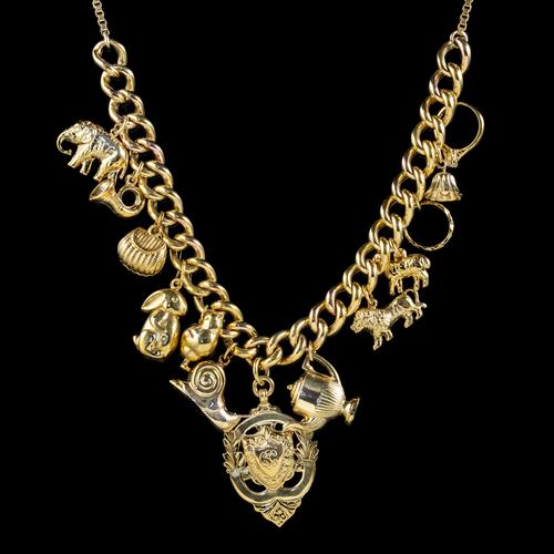 Vintage Gold Charm Necklace 9ct Gold 12 Charms & Medallion Dated 1920 (1 of 11) Vintage Gold Charm Necklace 9ct Gold 12 Charms & Medallion Dated 1920 (1 of 11)