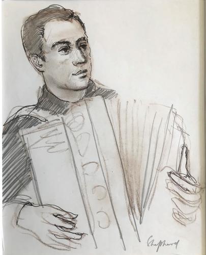 Original Mixed Media Drawing 'the Italian Accordionist, Tuscany' by Toby Horne Shepherd c.1960 (1 of 1) Original Mixed Media Drawing 'the Italian Accordionist, Tuscany' by Toby Horne Shepherd c.1960 (1 of 1)