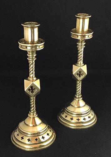 Pair of Gothic Revival Brass Altar Candlesticks (1 of 4)