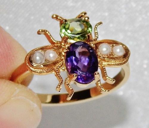 Suffragette 9ct Gold & Silver Amethyst Pearl & Peridot Bee Insect Ring (1 of 4)