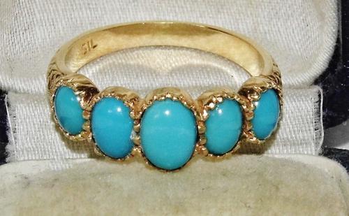 Edwardian Style 9ct Gold On Silver Turquoise 5 Stone Cabochon Ring Size O (1 of 2)