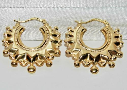 9ct Gold Spiked Large Victorian Style Creole Hoop Ladies Earrings (1 of 2)