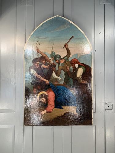 Antique French Gothic Religious Oil Painting Study of One of the Stations of the Cross (1 of 9) Antique French Gothic Religious Oil Painting Study of One of the Stations of the Cross (1 of 9)