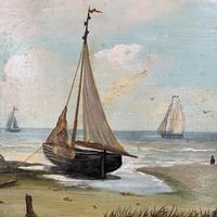 Antique coastal seascape oil painting of fishing boats signed YT (3 of 9) Antique coastal seascape oil painting of fishing boats signed YT (3 of 9)