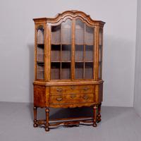 Quality 19th Century Dutch Burr Walnut Display Case / Bookcase with Canted Sides + Lovely Colour + Patina