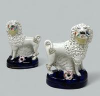 Pair of Antique Staffordshire Porcelain Poodles Dogs Quill Pen Holders 19th Century