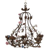 French Decorative Toleware 5 Branch Chandelier with Painted Porcelain Flowers 1950s (1 of 6)