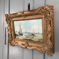 Antique coastal seascape oil painting of fishing boats signed YT (5 of 9) Antique coastal seascape oil painting of fishing boats signed YT (5 of 9)