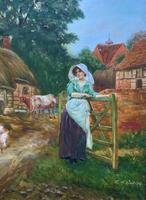 Wonderful Original Signed Vintage Oil Painting - Pretty Milkmaid in Farmyard (10 of 12) Wonderful Original Signed Vintage Oil Painting - Pretty Milkmaid in Farmyard (10 of 12)