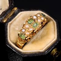 The Antique Victorian 1870 Green Beryl & Pearl Ornate Ring