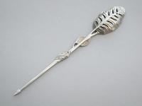 George II Cast Silver Naturalistic Leaf Pattern Mote Spoon - Unmarked c.1750 - Possibly by Francis Harache (3 of 8) George II Cast Silver Naturalistic Leaf Pattern Mote Spoon - Unmarked c.1750 - Possibly by Francis Harache (3 of 8)