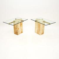 Pair of Vintage Italian Travertine and Brass Side Tables by Artedi