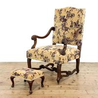 Antique 19th Century Upholstered Armchair & Foot Stool