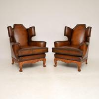Pair of Antique Leather Wing Back Armchairs