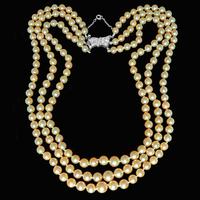 Exquisite 1950s Triple Strand Pearl Necklace with 0.75ct Diamond 18ct White Gold 18" Long